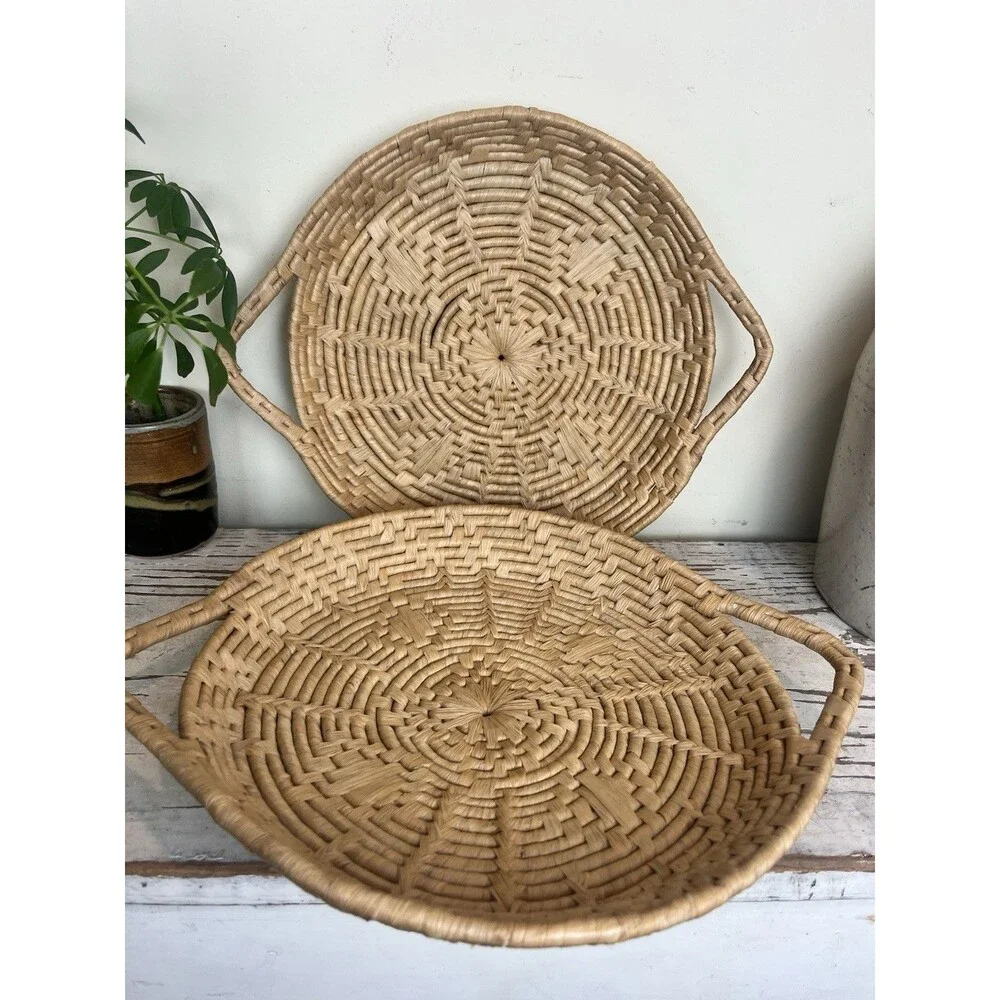 Vintage Woven Wicker Nesting Baskets Sunburst Pattern W/ Handles 14” x 11” Boho
